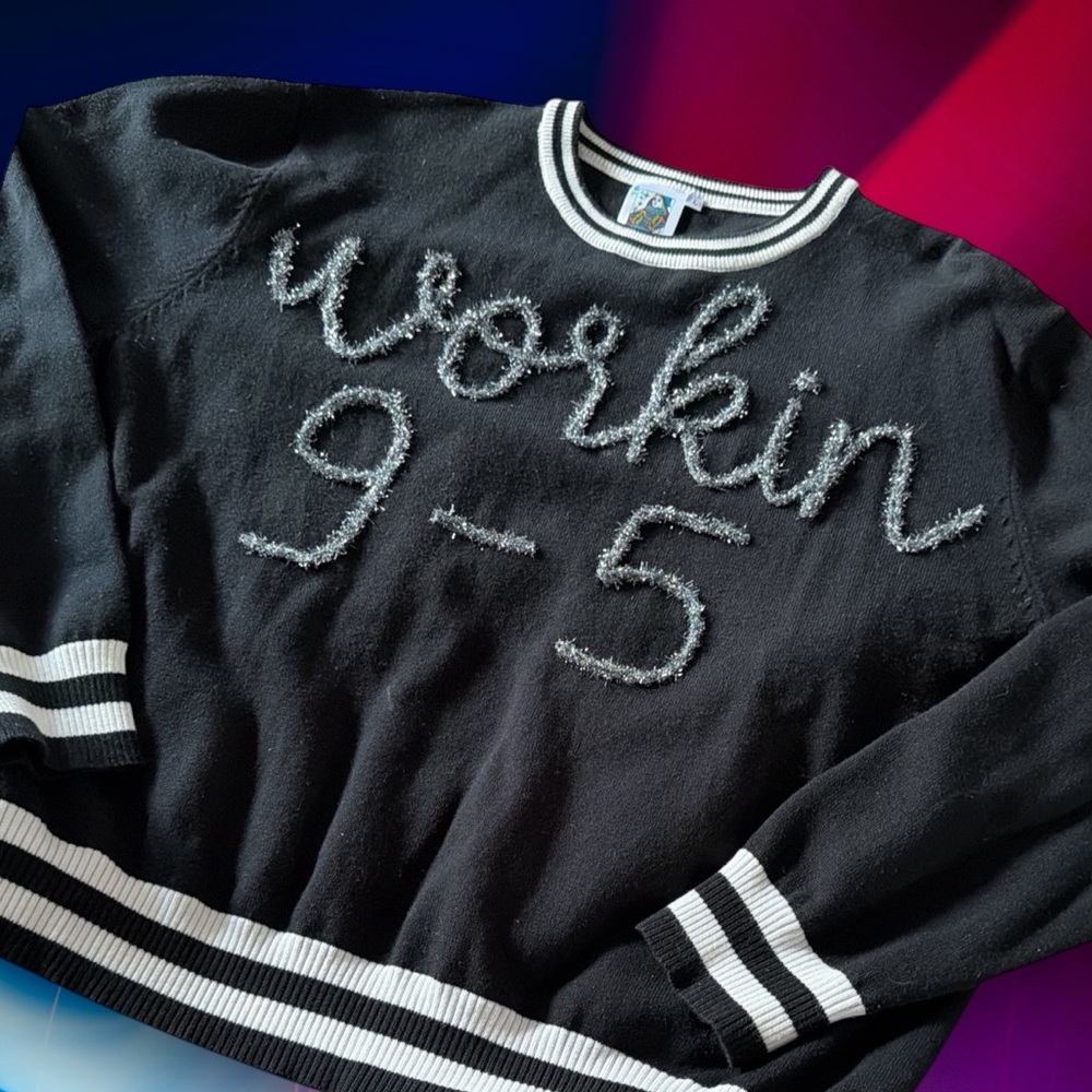 Queen of Sparkles “Workin’ 9 to 5” Black and White Tinsel Sweater- Size L - Picture 3 of 9